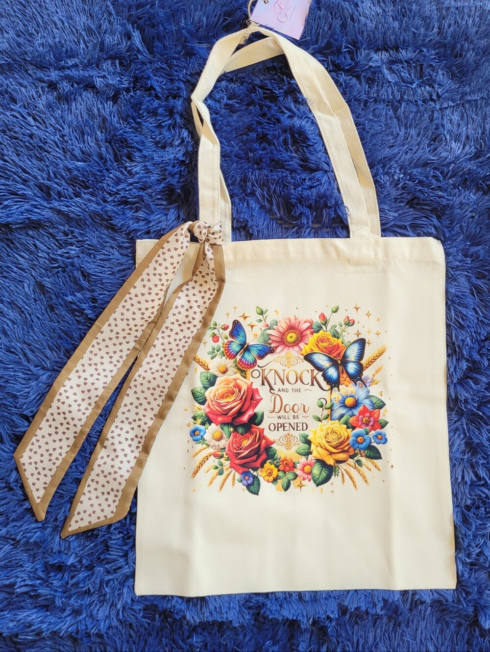 'Knock And The Door Will Be Opened' Canvas Tote Bag With Sash